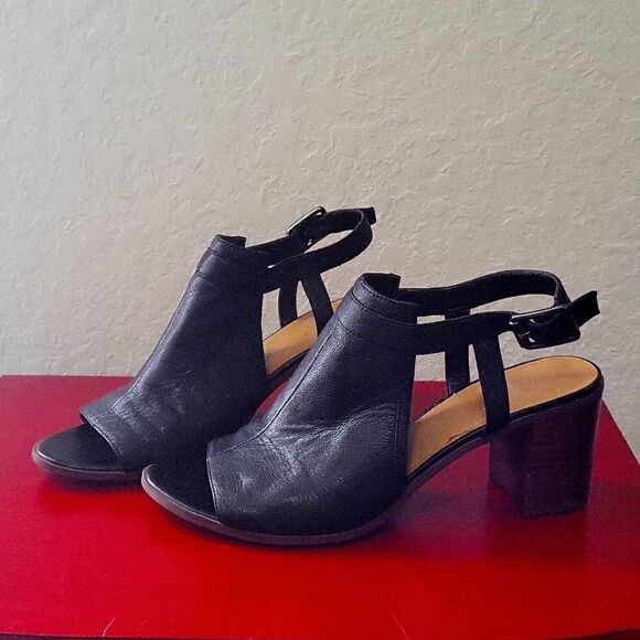 Franco Sarto Open Toe Mandi Block Heels Black Leather Shoes Women's 9.5 M - Picture 7 of 16